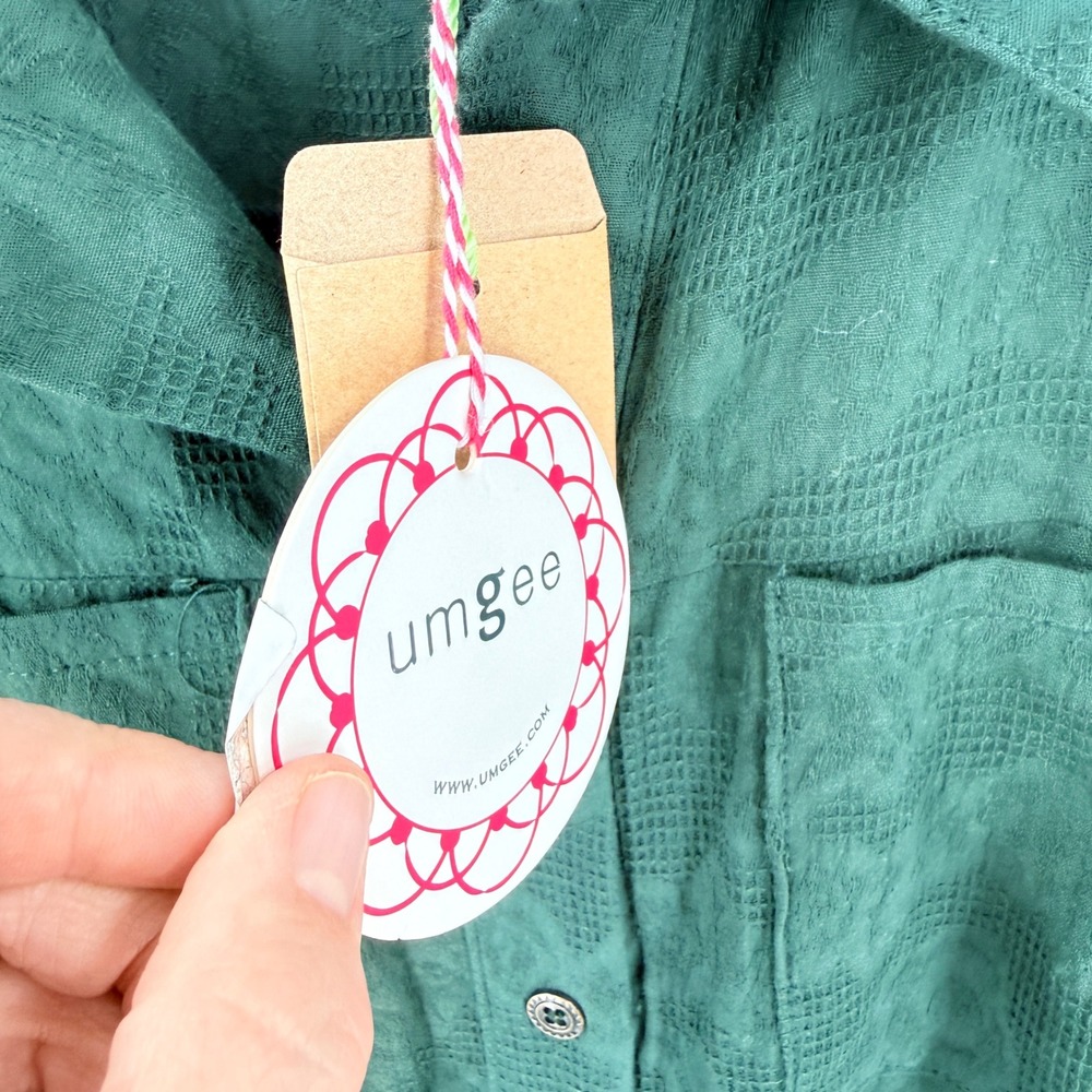 Umgee Shirt Dress Green Large L Textured Cotton Tiered Babydoll Mini Fall Earthy - Picture 4 of 9